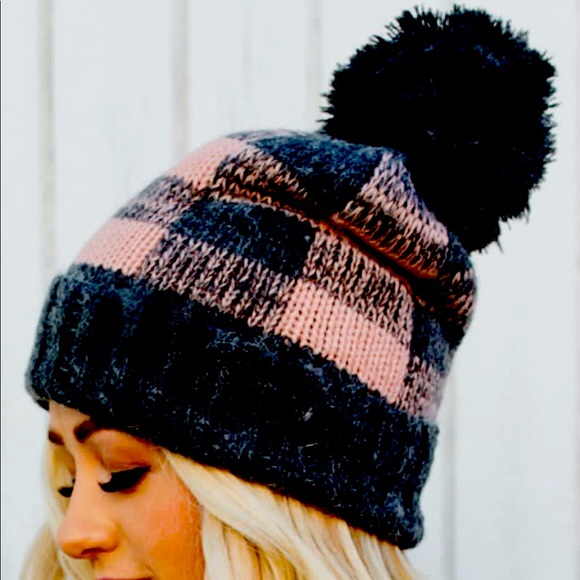 Accessories - Pink Gray Buffalo Check Plaid Pom